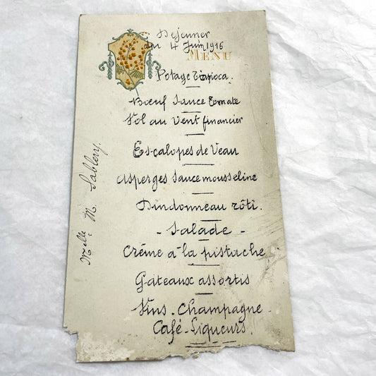 1910s - Vintage Handwritten Menu Card from June 1916 - French Culinary History - Elegant Formal Dining Event - World War One Era Document.
