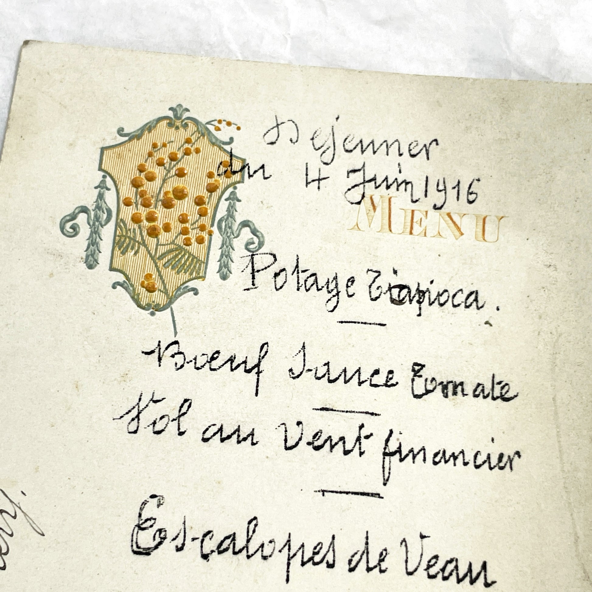1910s - Vintage Handwritten Menu Card from June 1916 - French Culinary History - Elegant Formal Dining Event - World War One Era Document.