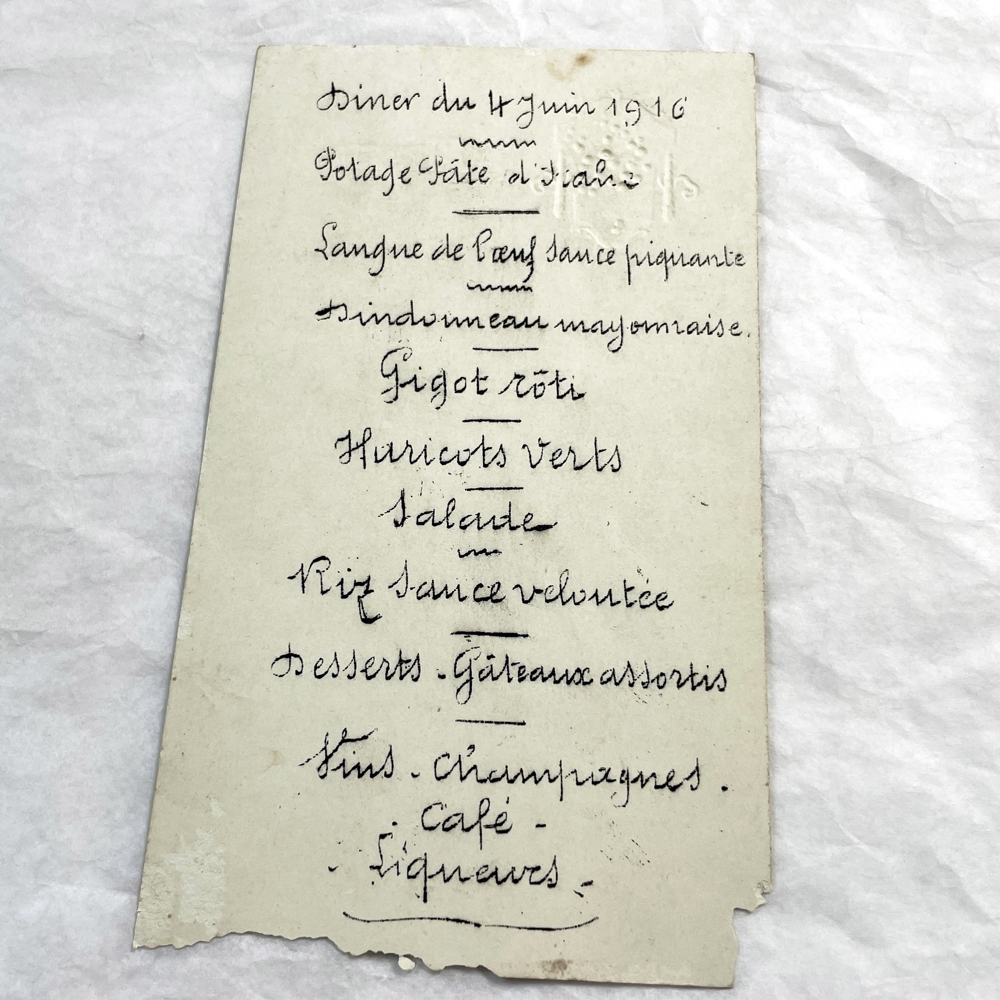 1910s - Vintage Handwritten Menu Card from June 1916 - French Culinary History - Elegant Formal Dining Event - World War One Era Document.
