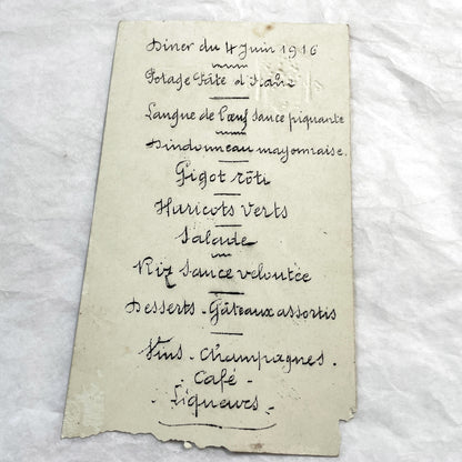 1910s - Vintage Handwritten Menu Card from June 1916 - French Culinary History - Elegant Formal Dining Event - World War One Era Document.