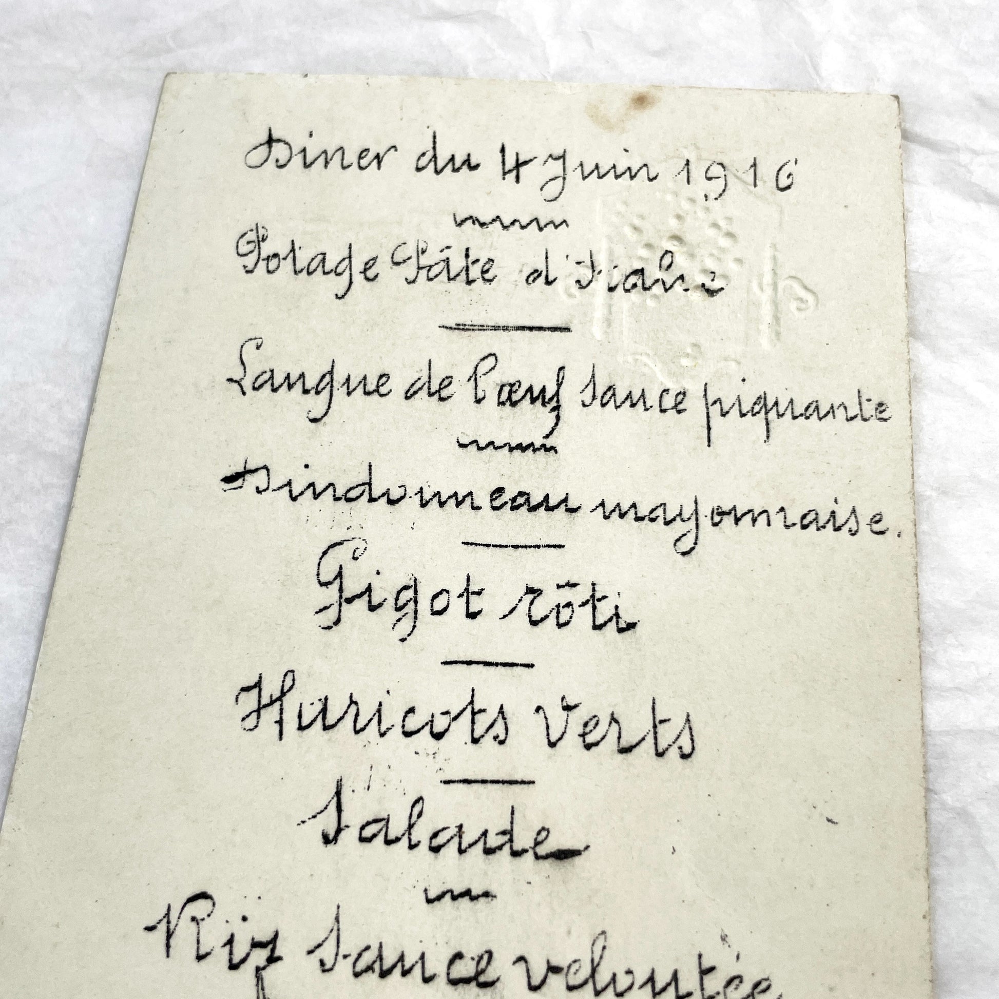 1910s - Vintage Handwritten Menu Card from June 1916 - French Culinary History - Elegant Formal Dining Event - World War One Era Document.