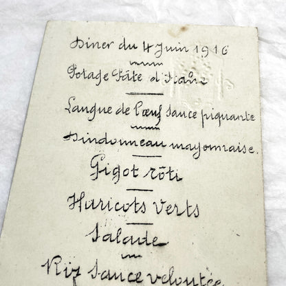 1910s - Vintage Handwritten Menu Card from June 1916 - French Culinary History - Elegant Formal Dining Event - World War One Era Document.