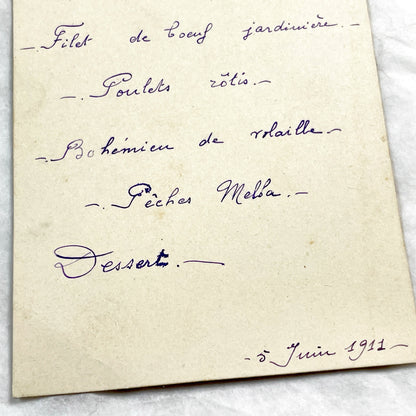 1910s - French Menu Card - Vintage Dining Memorabilia - Handwritten Dinner Invitation - Historical Culinary - Fine Dining Experience.