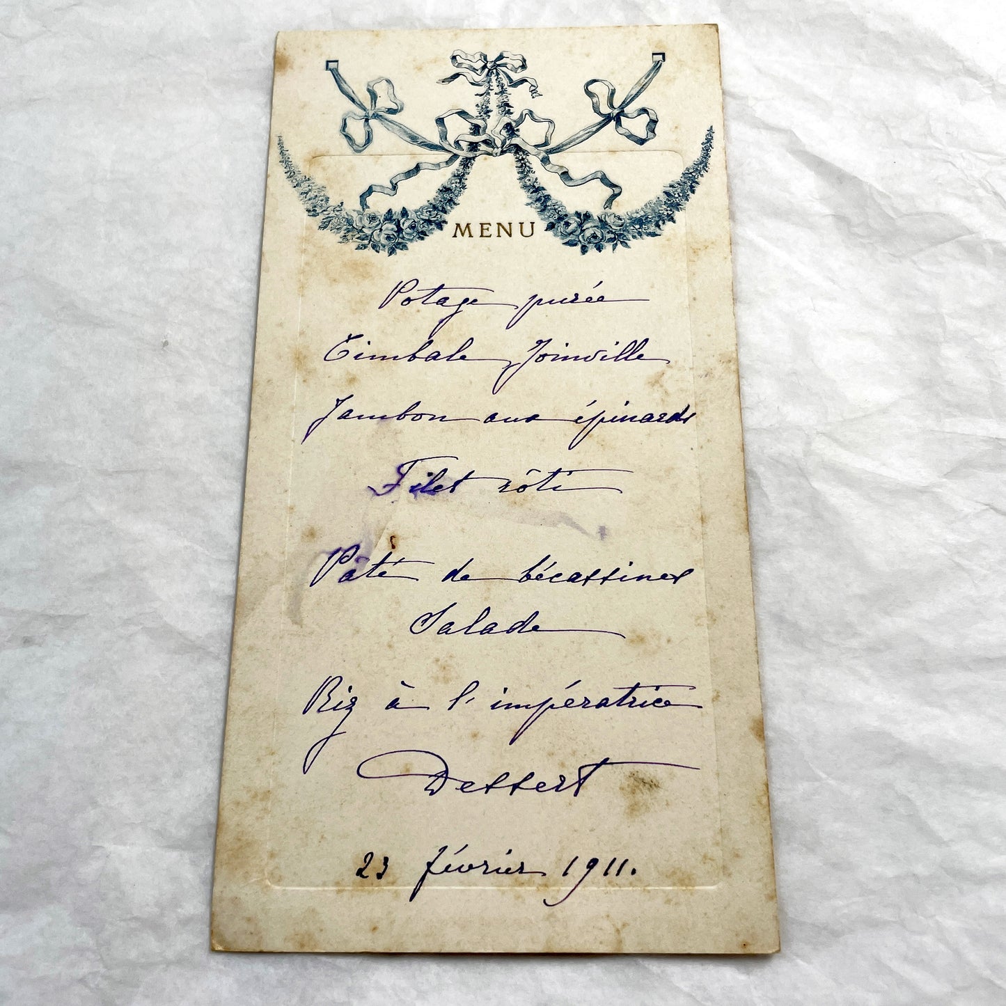 1910s - Antique Handwritten French Menu Card - Elegant Dining Experience from 1911 - Vintage Culinary Keepsake