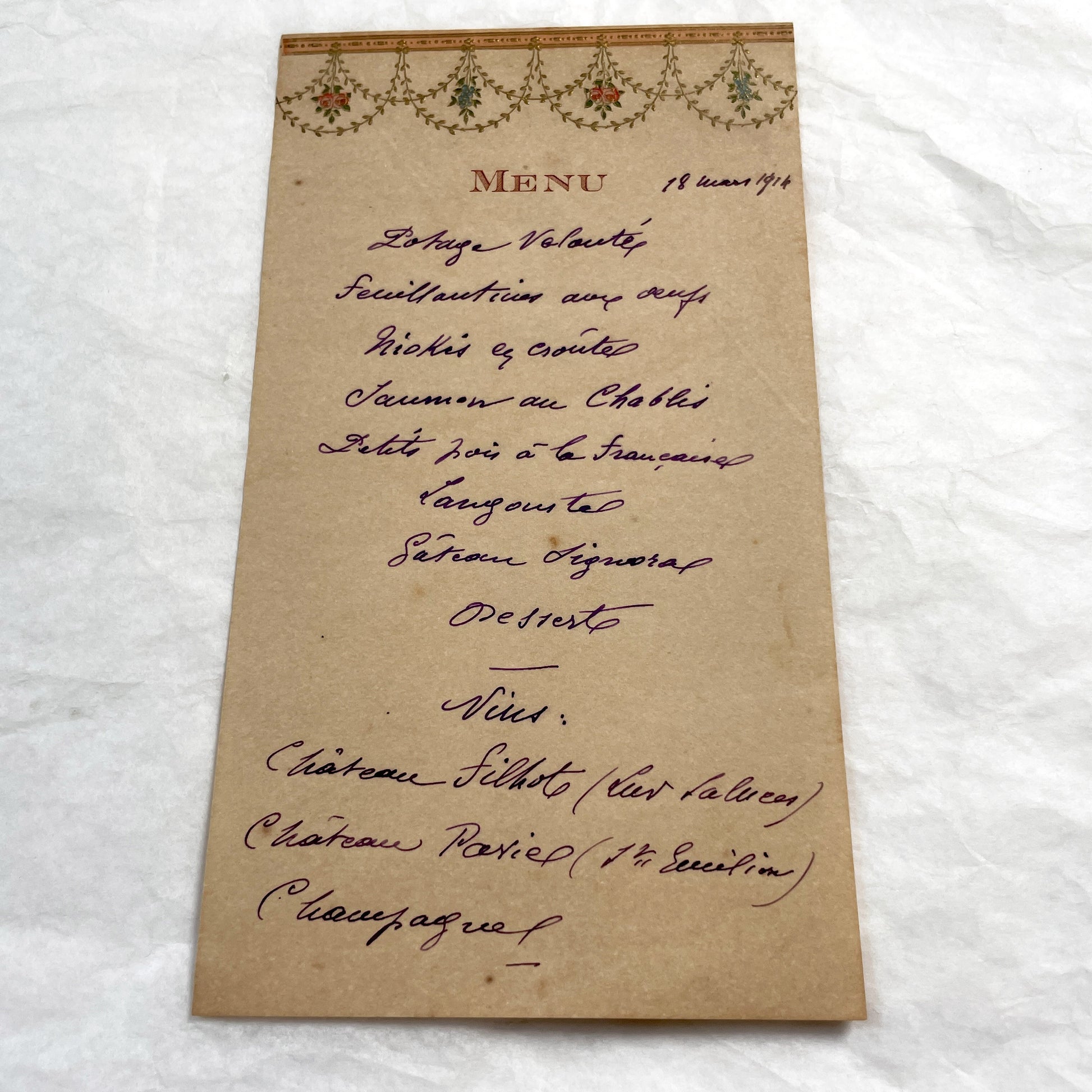 1910s - Historic Handwritten French Dinner Menu from 1914 - Elegant Culinary Document from France - Classic French Cuisine - Vintage Dining