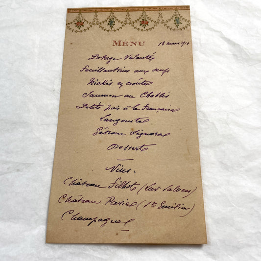 1910s - Historic Handwritten French Dinner Menu from 1914 - Elegant Culinary Document from France - Classic French Cuisine - Vintage Dining