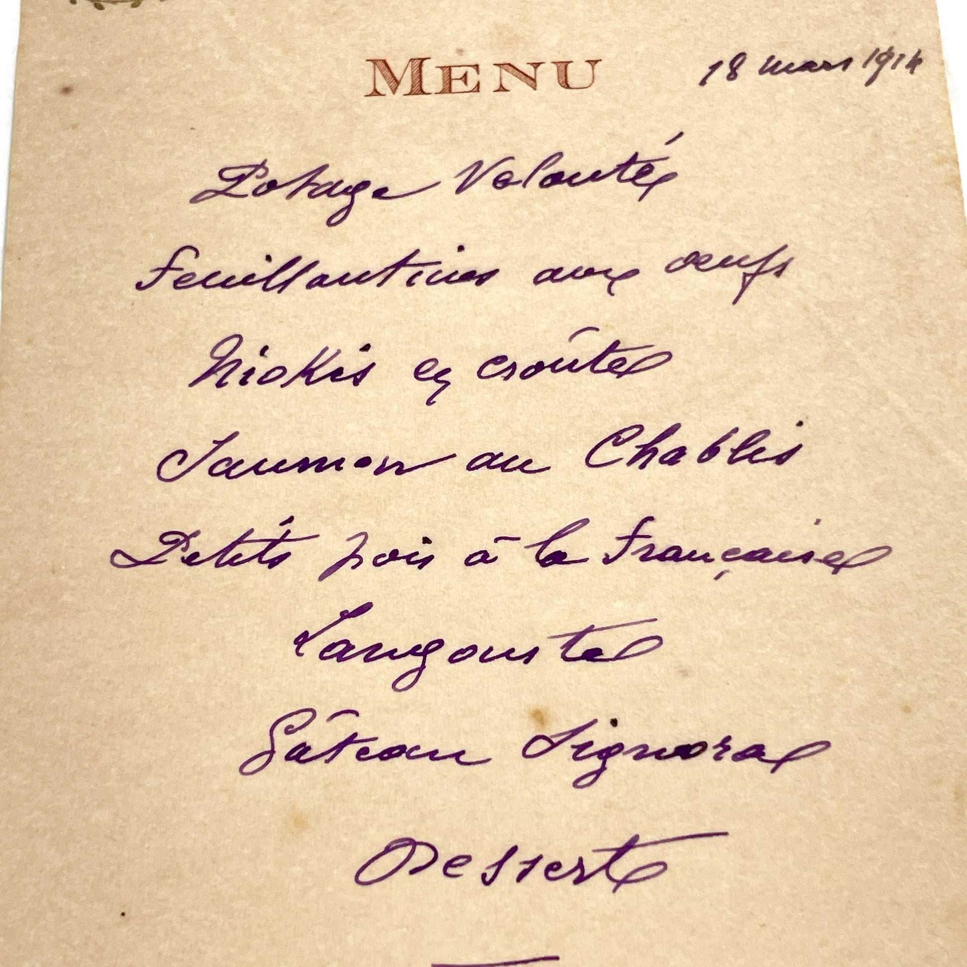 1910s - Historic Handwritten French Dinner Menu from 1914 - Elegant Culinary Document from France - Classic French Cuisine - Vintage Dining
