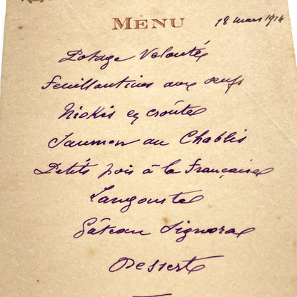 1910s - Historic Handwritten French Dinner Menu from 1914 - Elegant Culinary Document from France - Classic French Cuisine - Vintage Dining