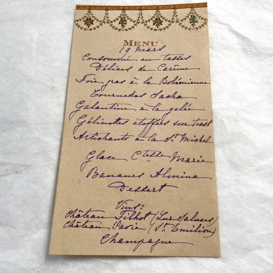 1910s - Vintage French Cuisine Menu - Handwritten Dinner Party Card - Elegant Fine Dining Culinary History Document - March 19th Wines