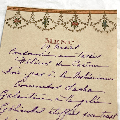 1910s - Vintage French Cuisine Menu - Handwritten Dinner Party Card - Elegant Fine Dining Culinary History Document - March 19th Wines