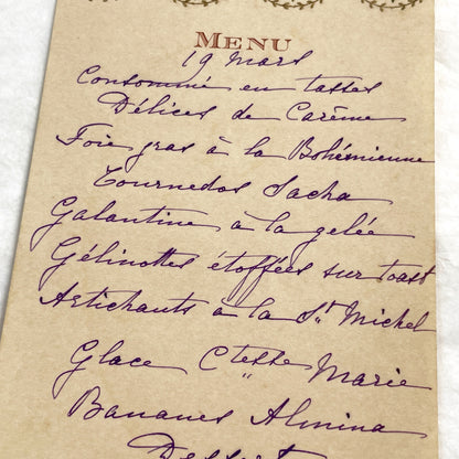 1910s - Vintage French Cuisine Menu - Handwritten Dinner Party Card - Elegant Fine Dining Culinary History Document - March 19th Wines