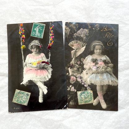 1900s French postcards lot featuring two sweet little girls with flowers, hand-colored details, and vintage stamps.