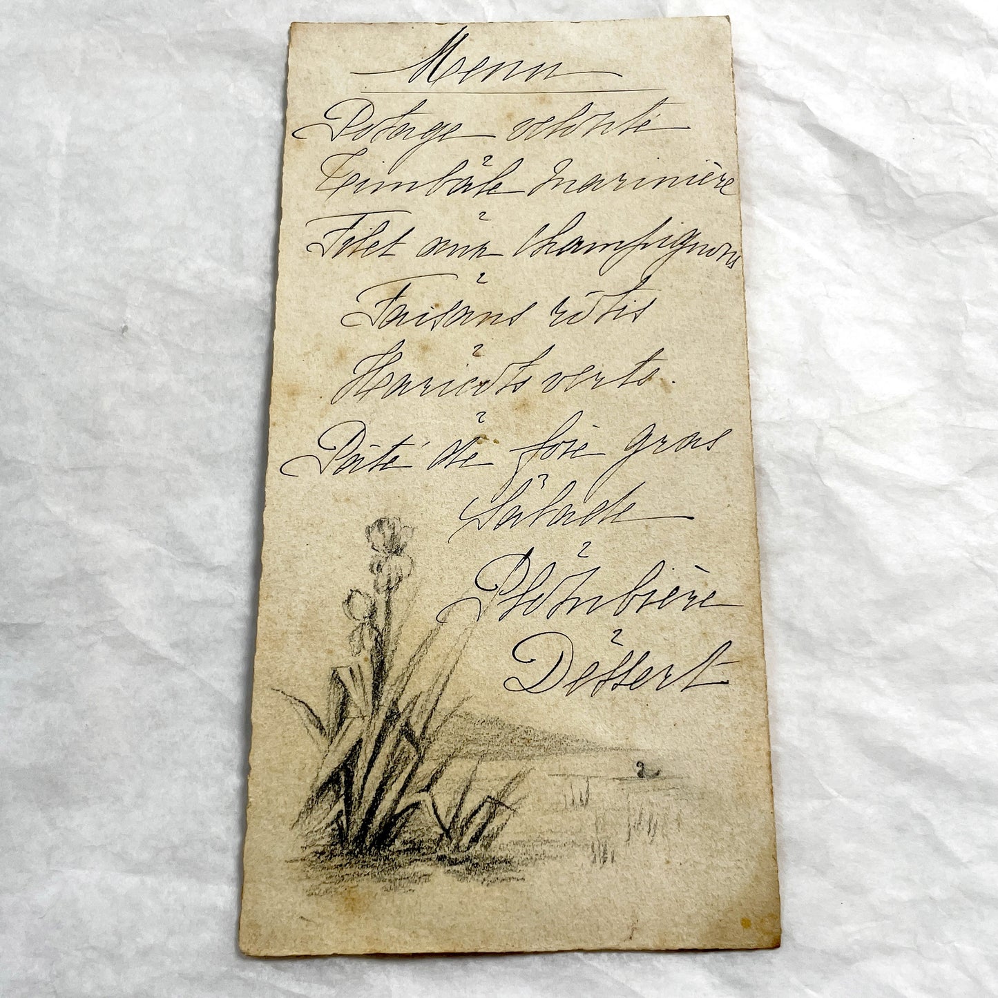 1910s - Vintage Handwritten Menu Card - Elegant French Cuisine - Illustrated Dinner Party Program - Antique Ephemera Collectible