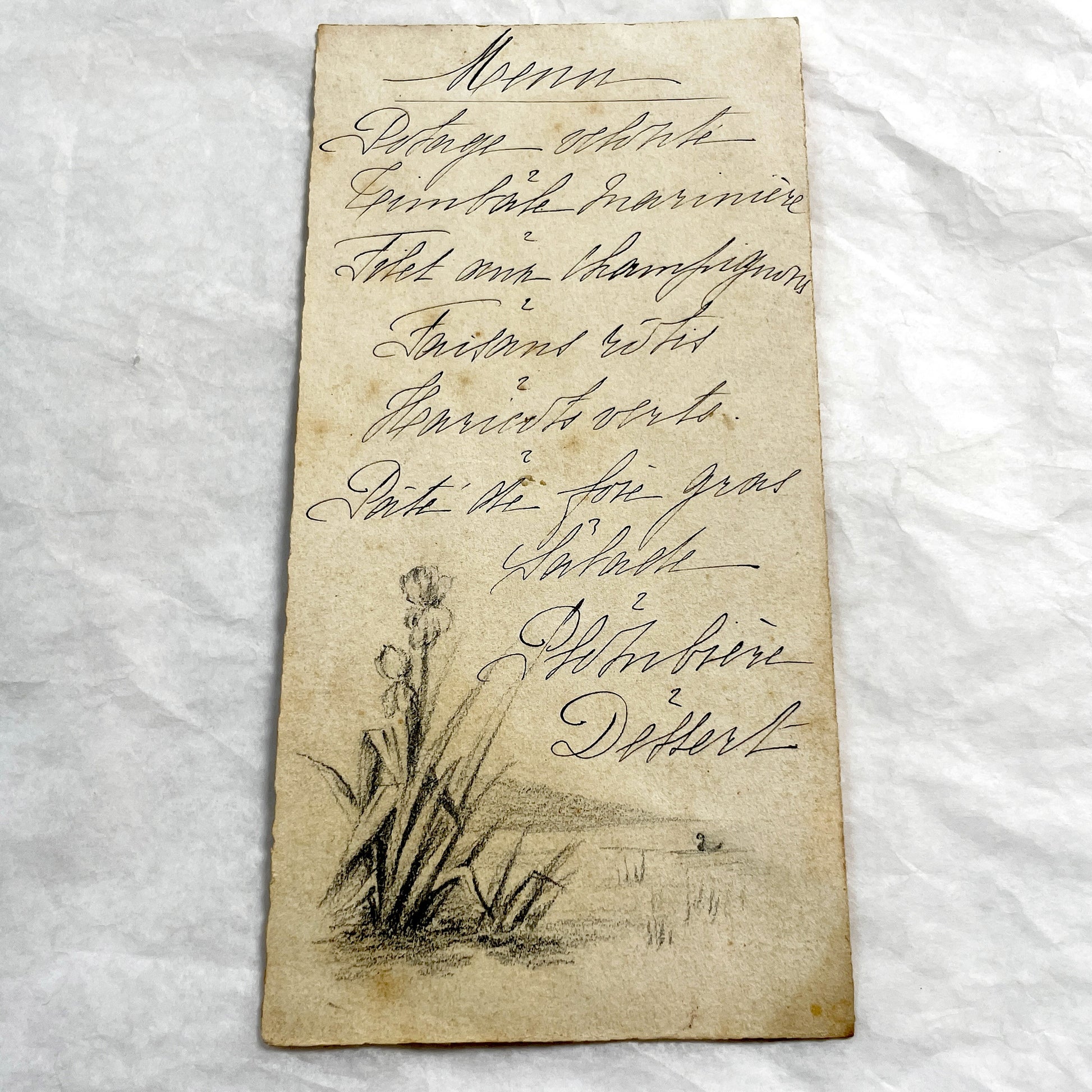 1910s - Vintage Handwritten Menu Card - Elegant French Cuisine - Illustrated Dinner Party Program - Antique Ephemera Collectible