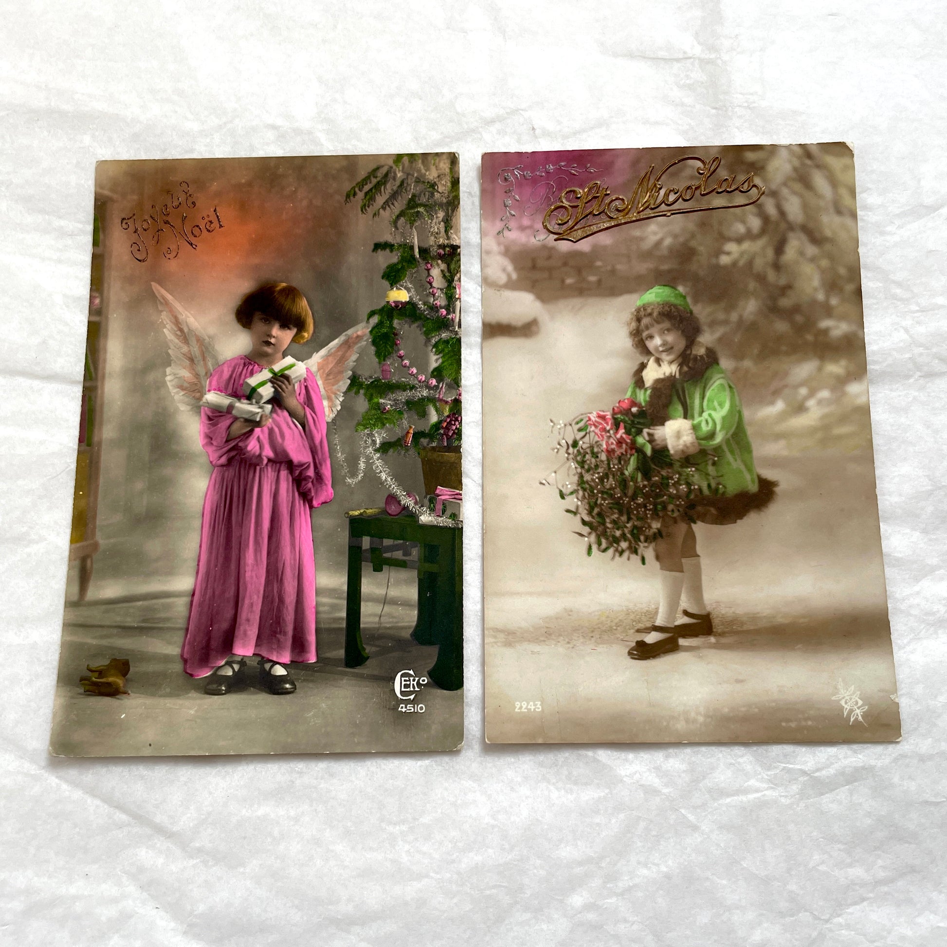 1900s vintage French postcards lot - Child angel with Christmas tree and St Nicolas child in green coat.