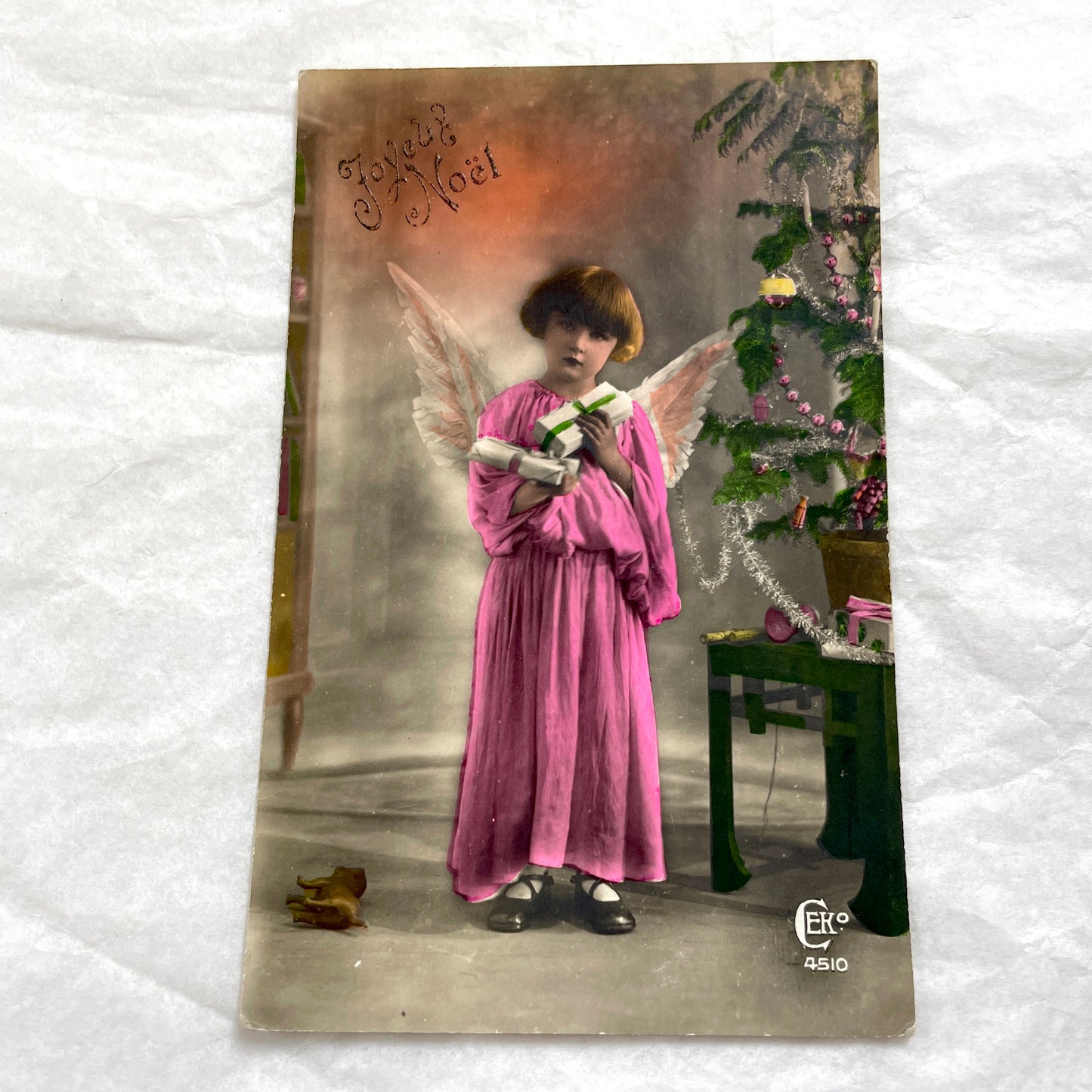 1900s vintage French postcards lot - Child angel with Christmas tree and St Nicolas child in green coat.