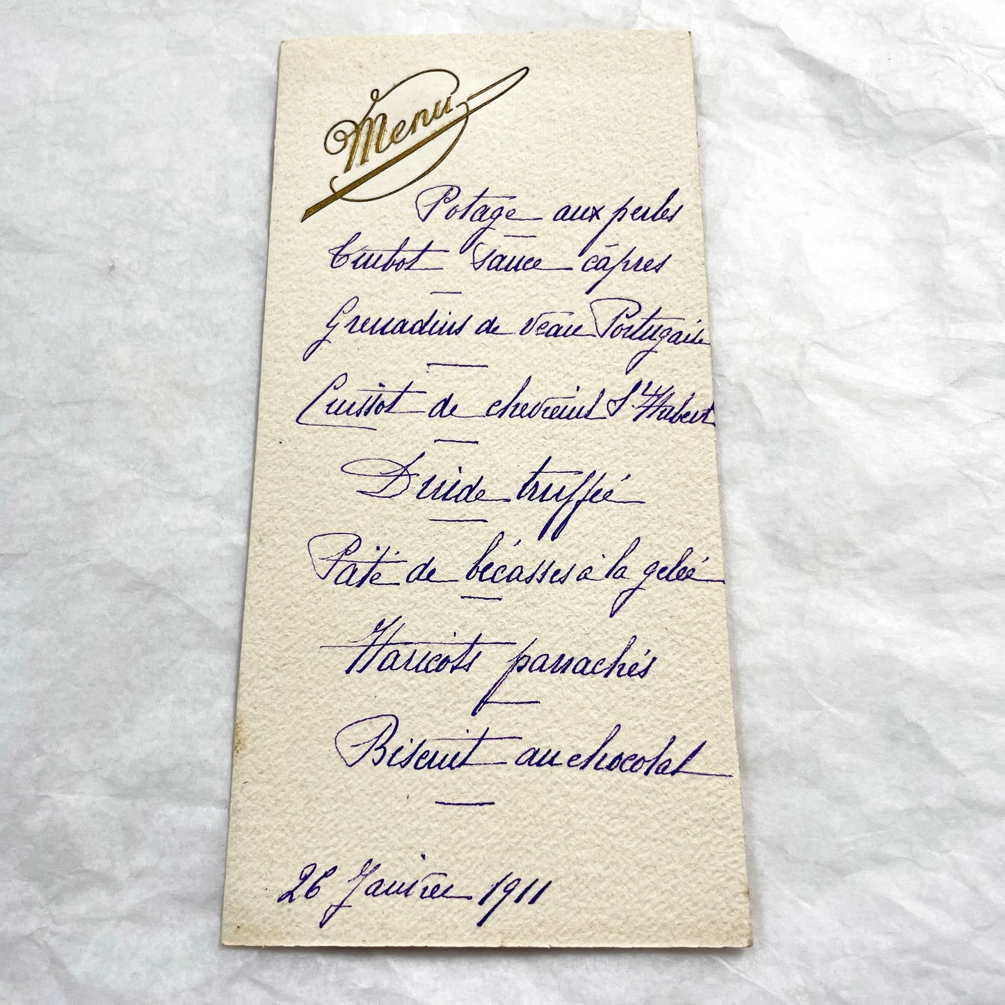 1910s - Antique French Dinner Menu 1911 - Vintage Hand-Written Culinary History - Gourmet Meal Card - Historic Gastronomy Ephemera - Elegant