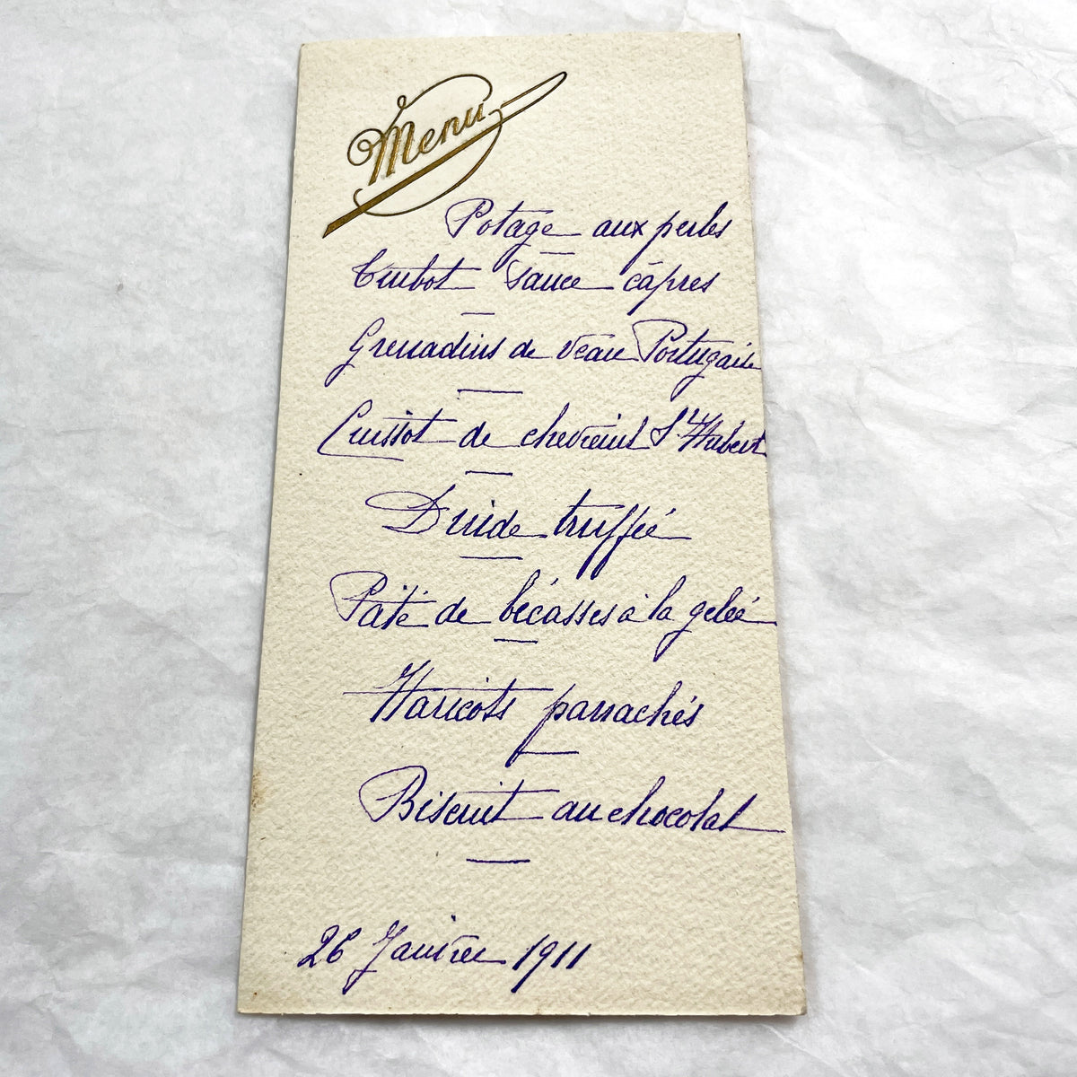 1910s - Antique French Dinner Menu 1911 - Vintage Hand-Written Culinary History - Gourmet Meal Card - Historic Gastronomy Ephemera - Elegant