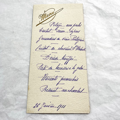 1910s - Antique French Dinner Menu 1911 - Vintage Hand-Written Culinary History - Gourmet Meal Card - Historic Gastronomy Ephemera - Elegant