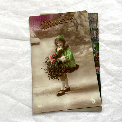 1900s vintage French postcards lot - Child angel with Christmas tree and St Nicolas child in green coat.