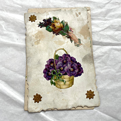 1900s lot of three antique French postcards featuring children, daisies, pansies, and lily of the valley.