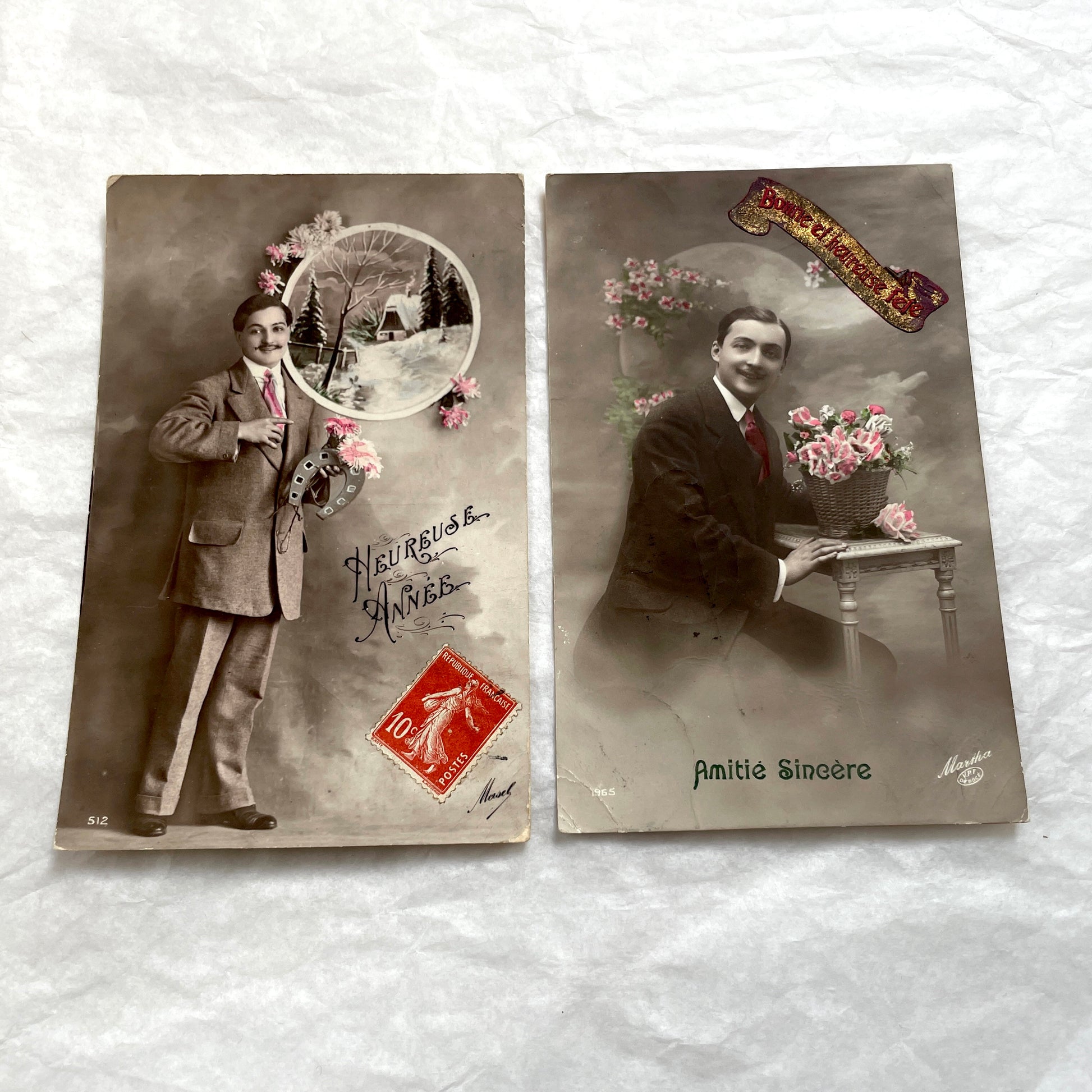 1900s French postcards lot - Edwardian men, New Year theme, flowers, and horseshoe vintage ephemera.