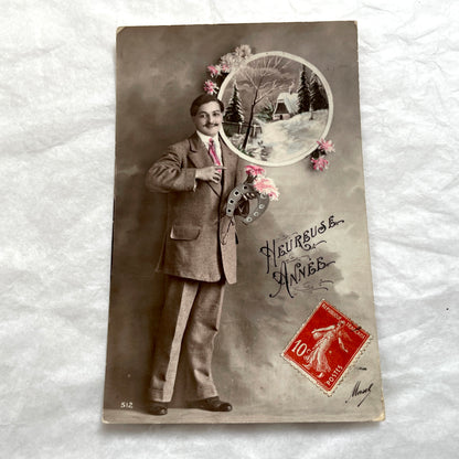 1900s French postcards lot - Edwardian men, New Year theme, flowers, and horseshoe vintage ephemera.