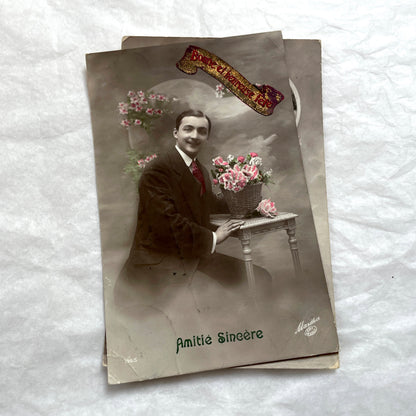 1900s French postcards lot - Edwardian men, New Year theme, flowers, and horseshoe vintage ephemera.