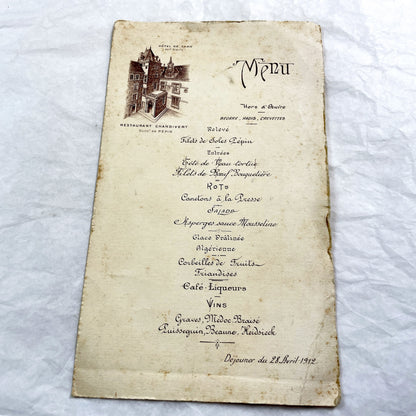 1910s - Large French Restaurant Menu Chandivert 1912 - Fine Dining Culinary Souvenir from Hôtel de Than - Elegant Ephemera