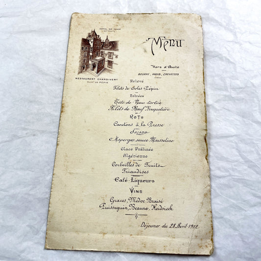 1910s - Large French Restaurant Menu Chandivert 1912 - Fine Dining Culinary Souvenir from Hôtel de Than - Elegant Ephemera