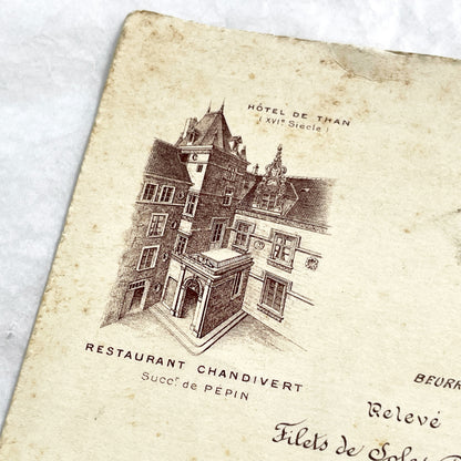 1910s - Large French Restaurant Menu Chandivert 1912 - Fine Dining Culinary Souvenir from Hôtel de Than - Elegant Ephemera