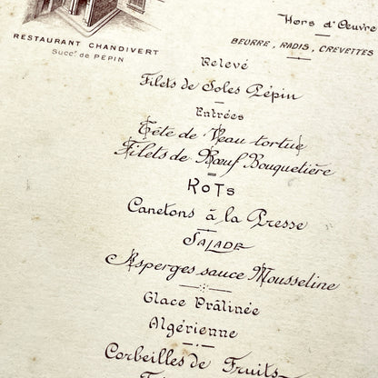 1910s - Large French Restaurant Menu Chandivert 1912 - Fine Dining Culinary Souvenir from Hôtel de Than - Elegant Ephemera