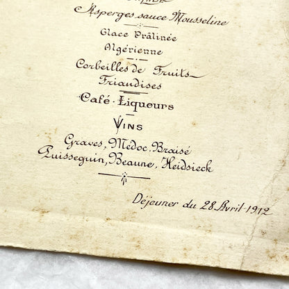 1910s - Large French Restaurant Menu Chandivert 1912 - Fine Dining Culinary Souvenir from Hôtel de Than - Elegant Ephemera
