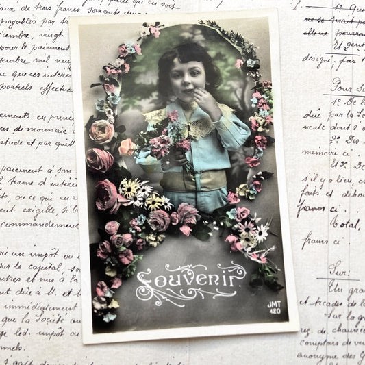 1900s - Vintage Postcard Hand-Colored Child Portrait - Floral Garland - Antique Souvenir Ephemera - French Art Nouveau Era Collectible Print