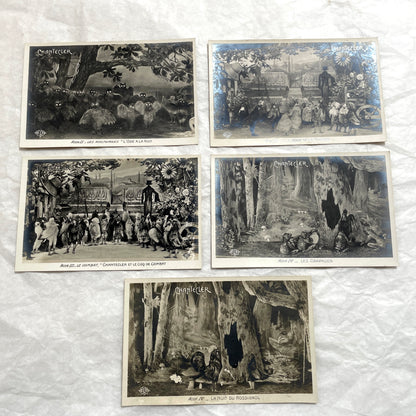 Five 1910s French Chantecler play postcards, featuring scenes with anthropomorphic animals and theatre sets.