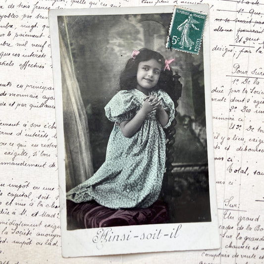 1910s - Vintage French Postcard - Charming Young Girl Portrait - Hand-Colored Dress And Hair Ribbons - Studio Photo - Collectible Ephemera