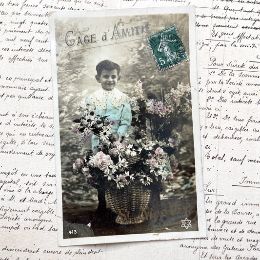 1910s - French Postcard - Young Boy With Flowers - Hand Colored Sepia Photo - Vintage Child Portrait - Antique Sentimental Friendship Card