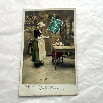 1910s French postcard lot of 5, featuring sepia-toned photos of a grandmother and granddaughter in daily scenes.