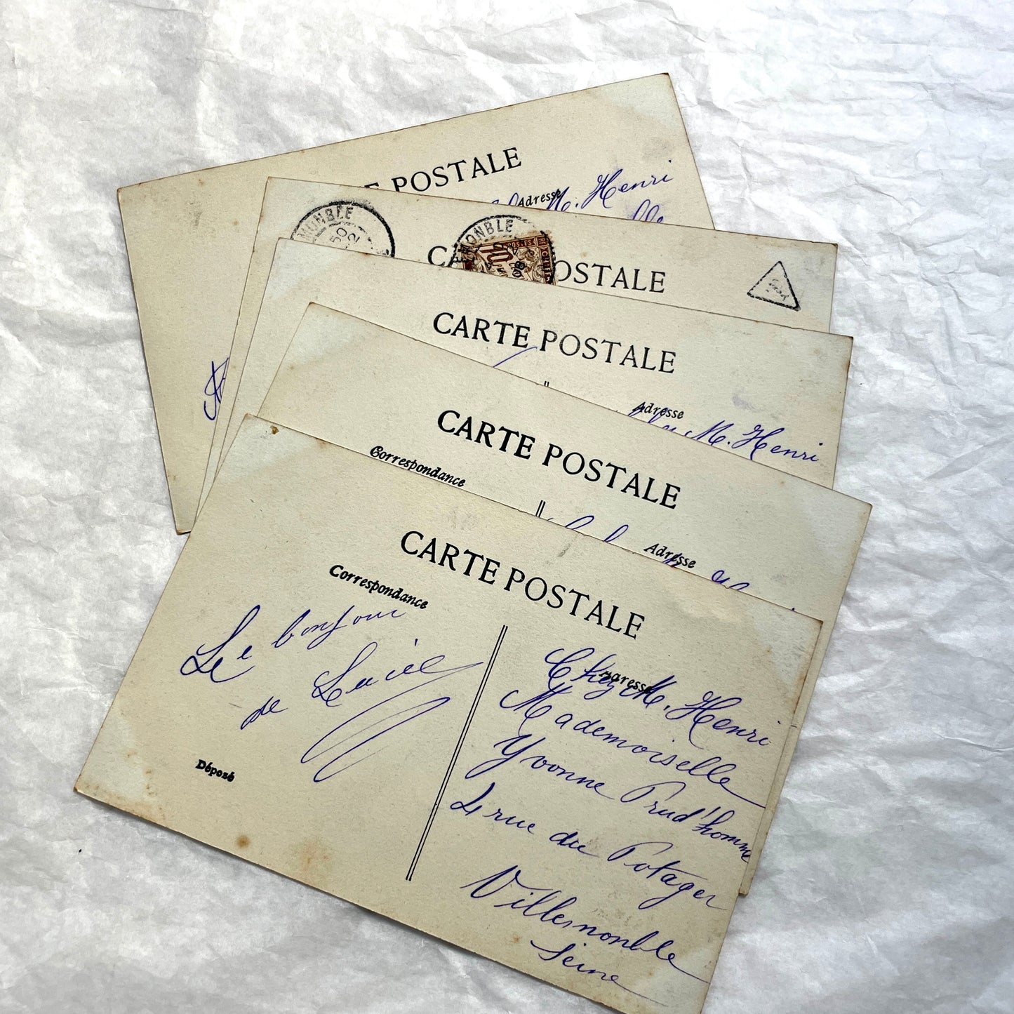 1900s French Postcards Lot - Hand-colored images of children with bonnets and newspaper by Walery Paris.