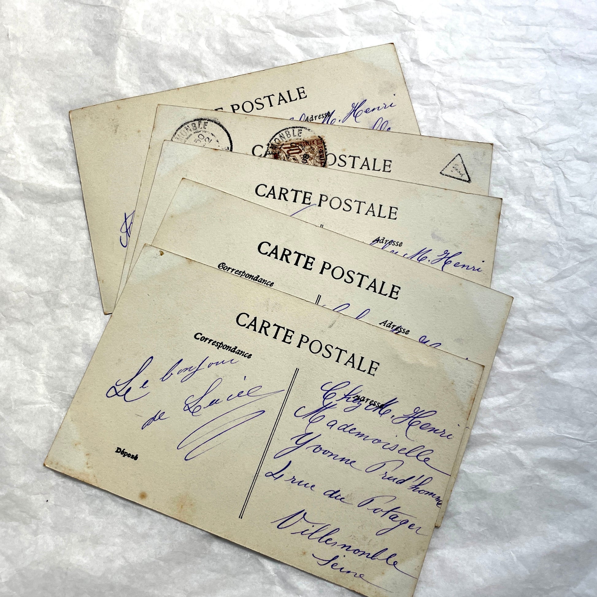 1900s French Postcards Lot - Hand-colored images of children with bonnets and newspaper by Walery Paris.