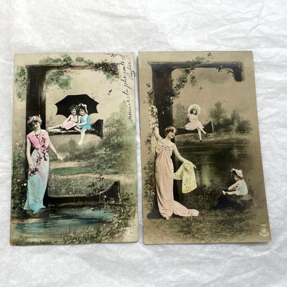 1900s Postcards lot - French Art Nouveau style, elegant women and children in hand-colored outdoor scenes.