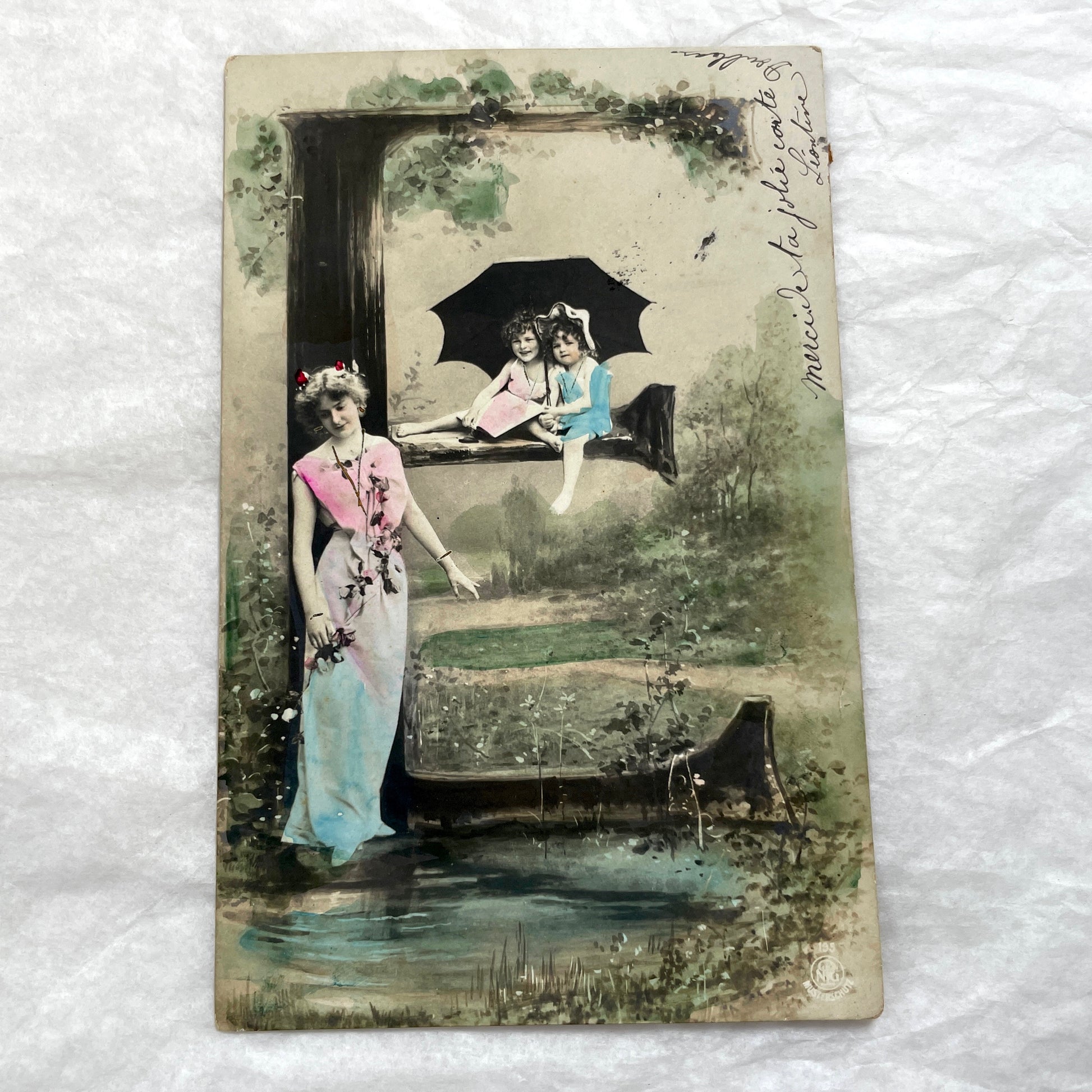 1900s Postcards lot - French Art Nouveau style, elegant women and children in hand-colored outdoor scenes.