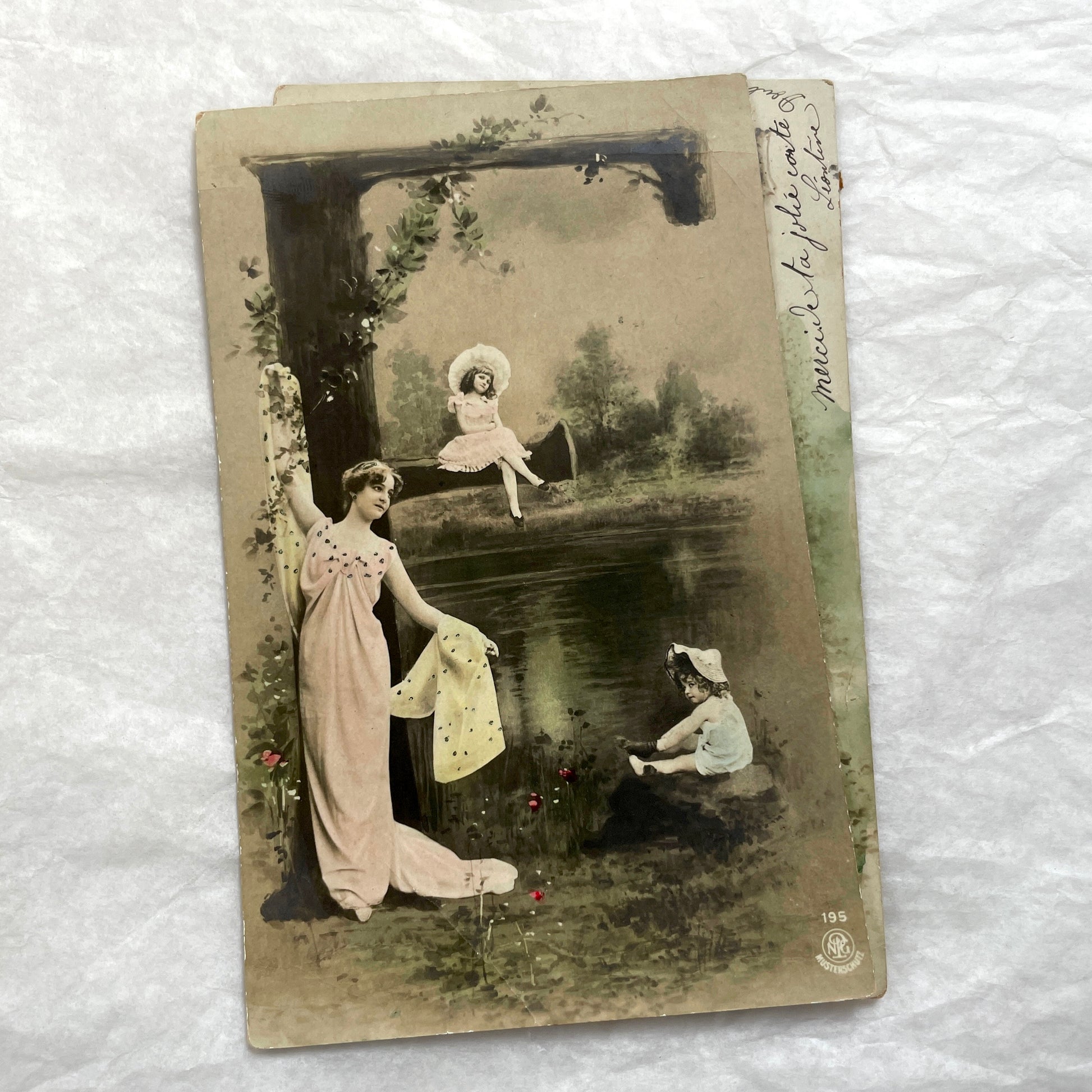 1900s Postcards lot - French Art Nouveau style, elegant women and children in hand-colored outdoor scenes.