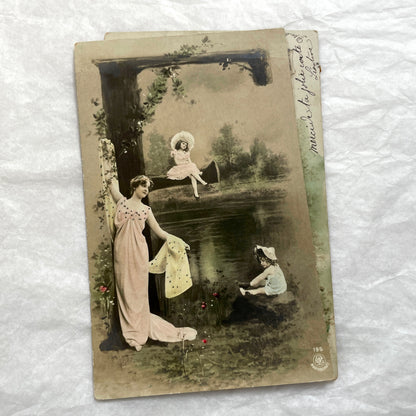 1900s Postcards lot - French Art Nouveau style, elegant women and children in hand-colored outdoor scenes.
