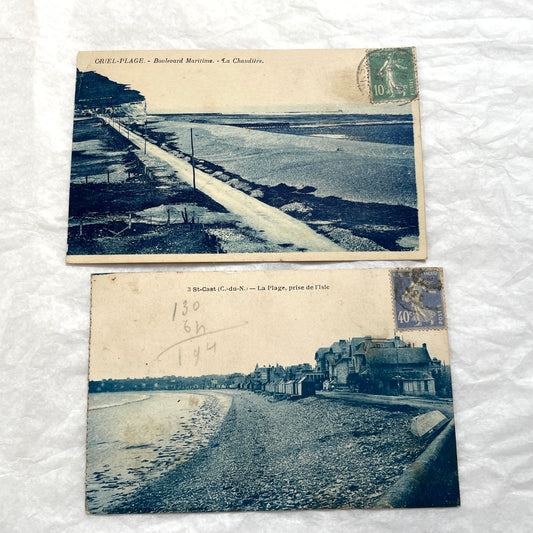Two 1910s vintage French postcards featuring coastal scenes with beaches, seaside buildings, and dramatic cliffs.