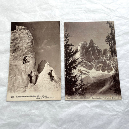 1910s French postcard lot of Chamonix-Mont-Blanc with mountaineers on snow and views of alpine peaks.