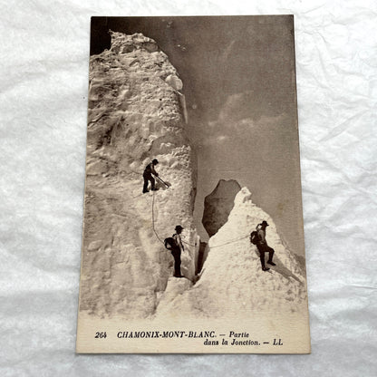 1910s French postcard lot of Chamonix-Mont-Blanc with mountaineers on snow and views of alpine peaks.