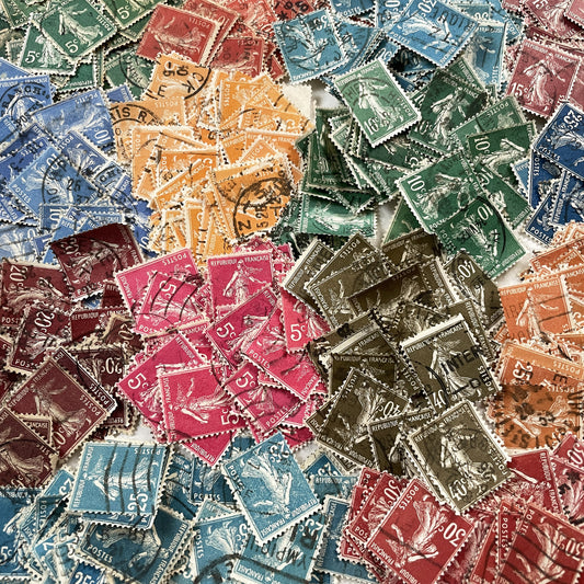 1900s - 1930s - Lot of 30 Vintage French Postage Stamps – Multicolor “Semeuse” Design – Early 20th Century Collectible Ephemera