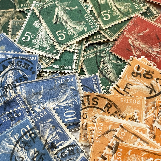 1900s - 1930s - Lot of 30 Vintage French Postage Stamps – Multicolor “Semeuse” Design – Early 20th Century Collectible Ephemera