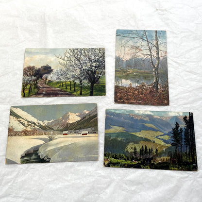 1900s Lot of Four Postcards - Diverse European Landscapes with Seasons, including a castle and snowy mountains.